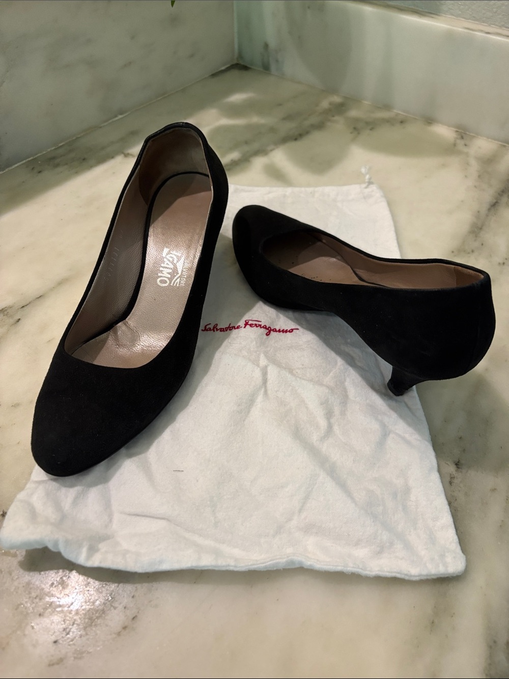 Salvatore Ferragamo Black Suede Low Kitten Heel Pumps